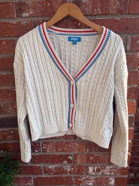Prince Cream Cable Knit Cardigan with Red and Blue Accents